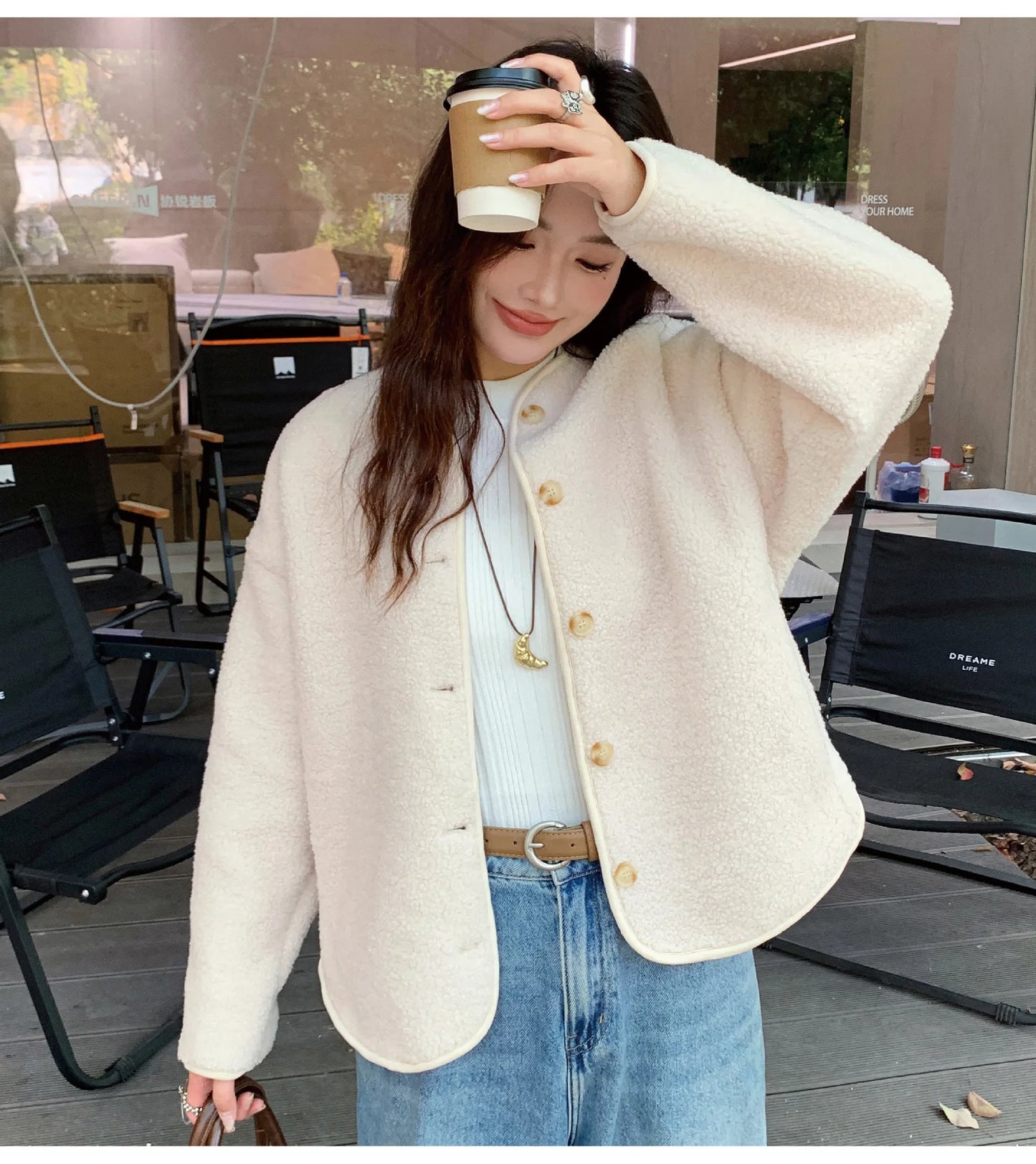 Round Neck Imitation Cashmere Jacket for Women Autumn Winter New Polar Fleece Casual Cardigan Long-sleeved Loose Top