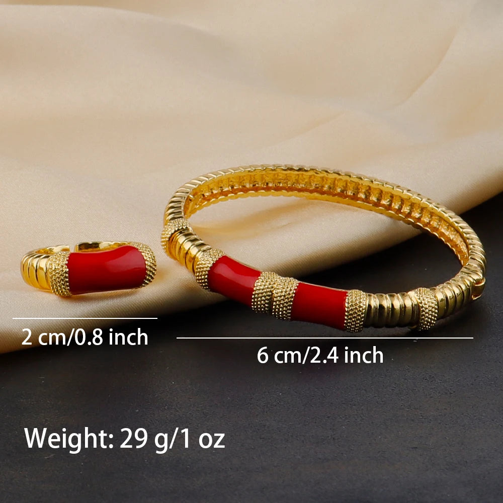 18K Gold Color Plated Dubai Bracelets Luxury Arabian Wedding Jewelry Sets, Hidden Buckle Women’s Bracelets and Rings Jewelry Set