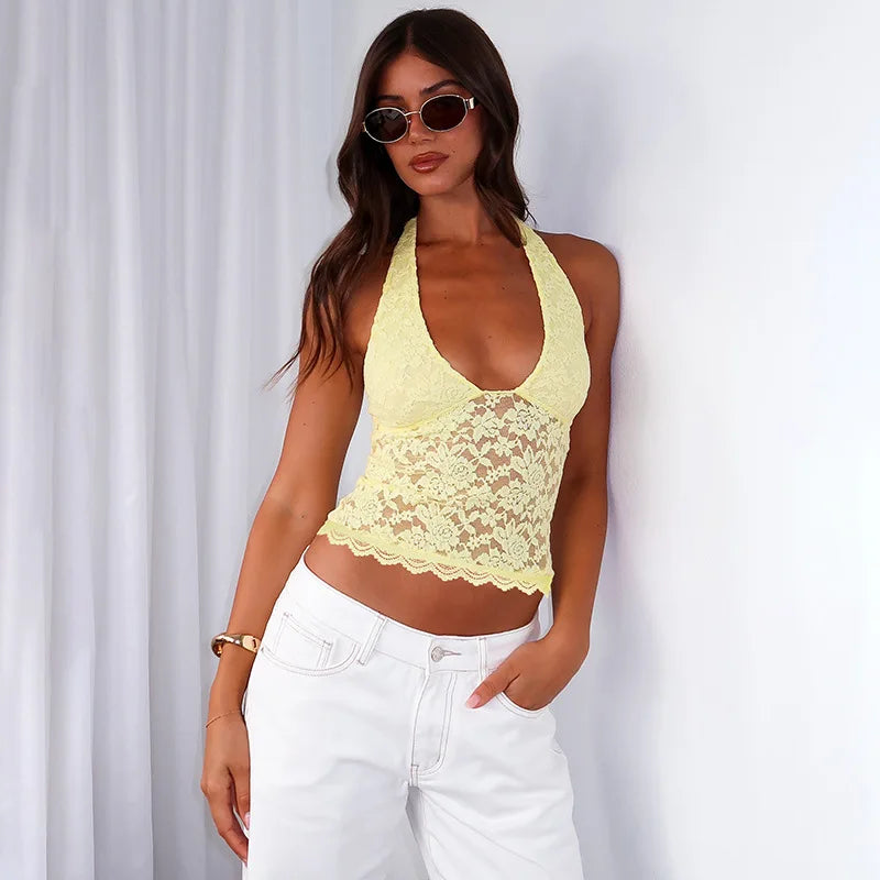 Women Summer Halter Tank Tops Hot Girls Sexy Hollow Out Lace Backless Vest Crop Tops