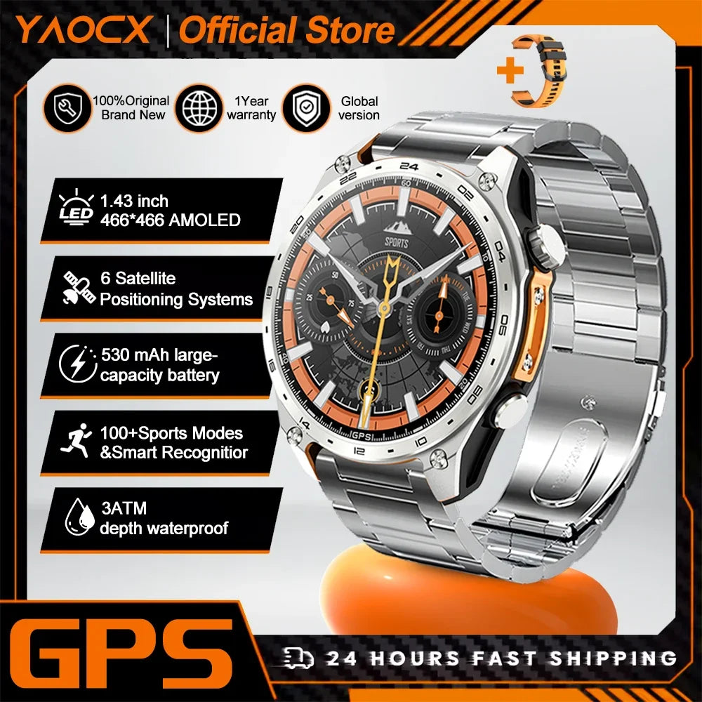 2026 New Smart Watch for Men with Built in GPS Maps 100+ Sport Modes 3ATM Waterproof BT Call MP3 MP4 Playback Altitude Compass