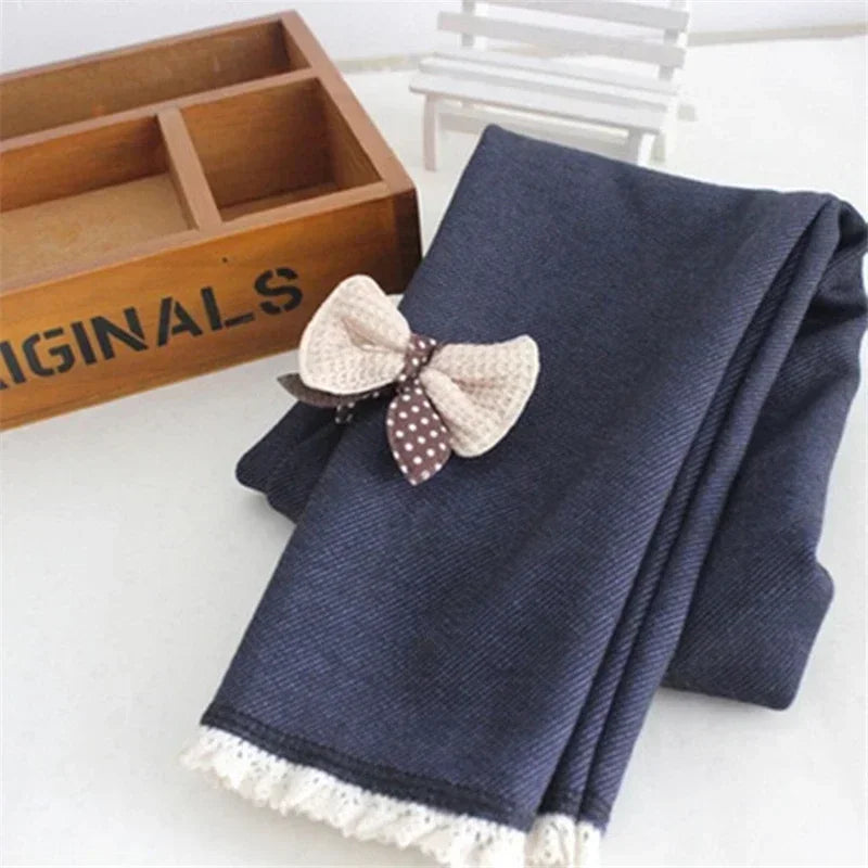 Girls Jean Pants Autumn Winter Warm Children Leggings Thicken Velvet Bowknot Kids Trousers Baby Girl Pants Icing Leggings