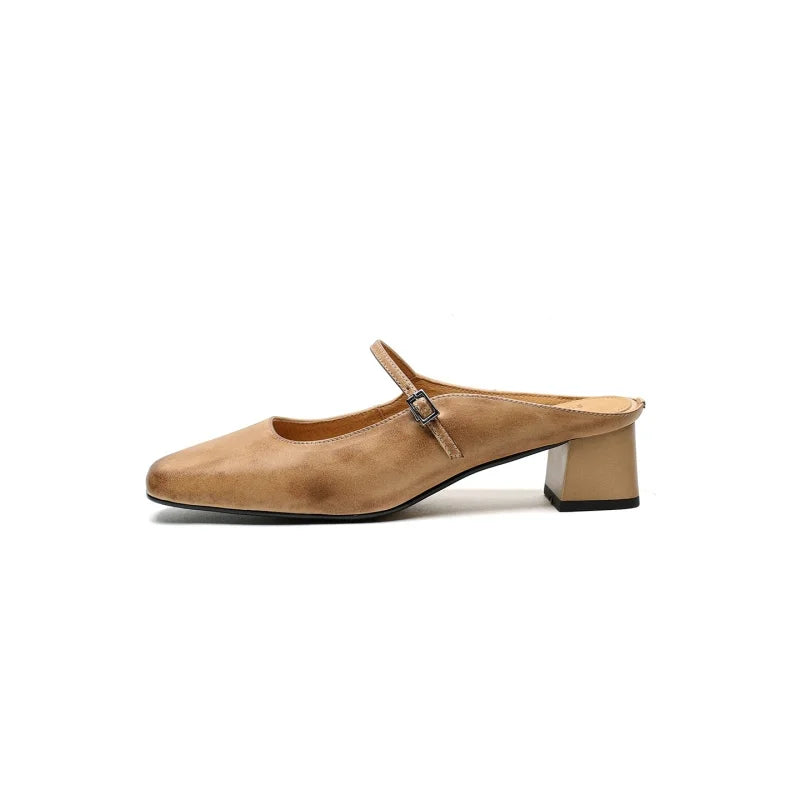 2026 New Summer Women Mules Genuine Leather Women Shoes Squared Toe med Heel Cover Toe Slingback Shallow Modern Slippers