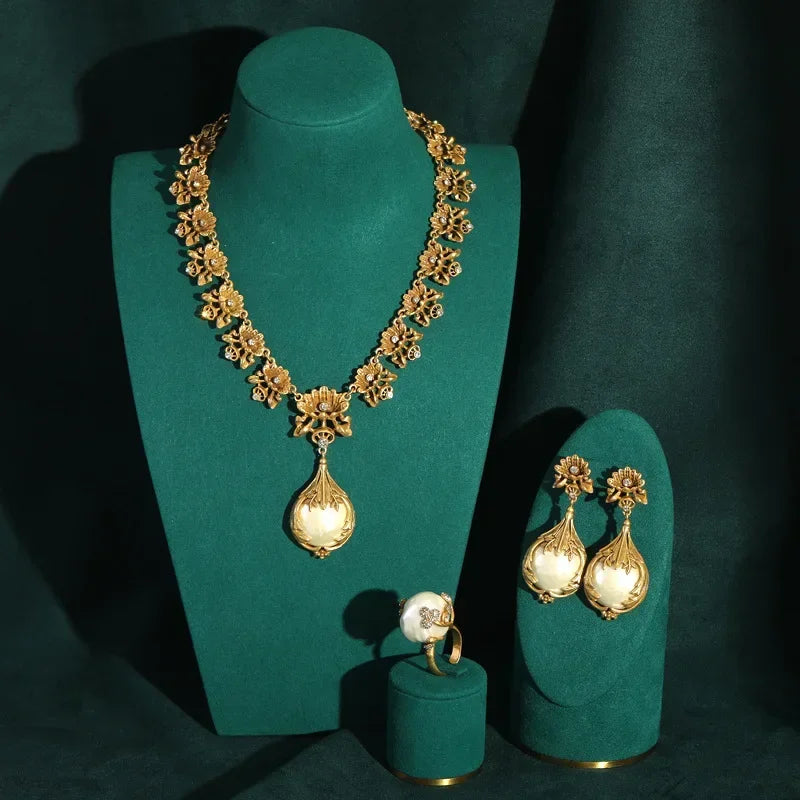 Baroque Style Freshwater Pearls Necklace Jewelry Sets For Women Gold Color Wedding Ring Set Bridal Nightwear Pendant 2025 Trend