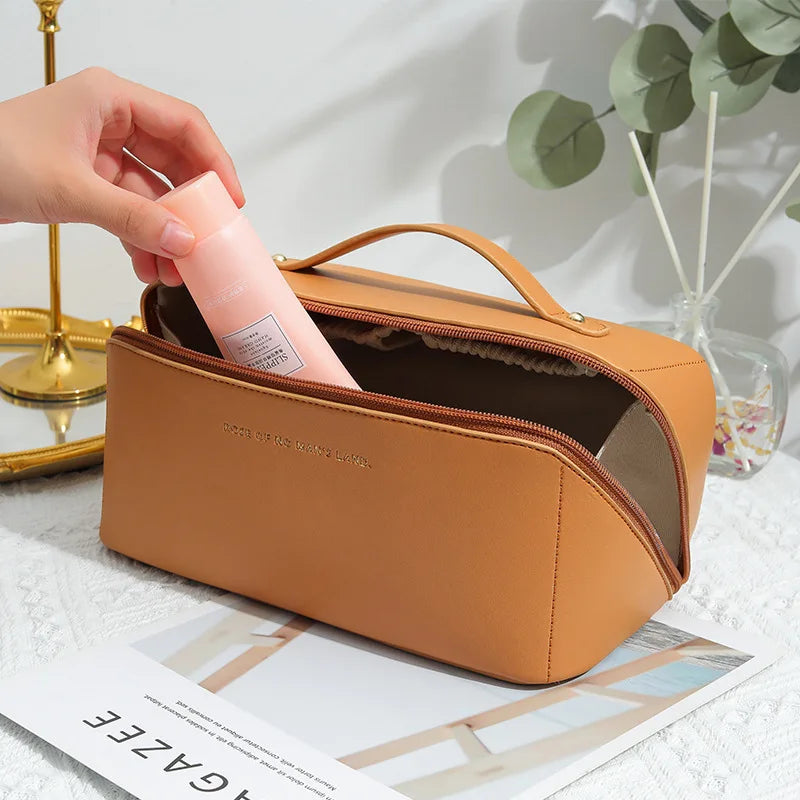 Travel Makeup Bag, Large Capacity Cosmetic Organizer Bags for Women, Waterproof PU Leather Toiletry Bags Wide Open Flat Makeup