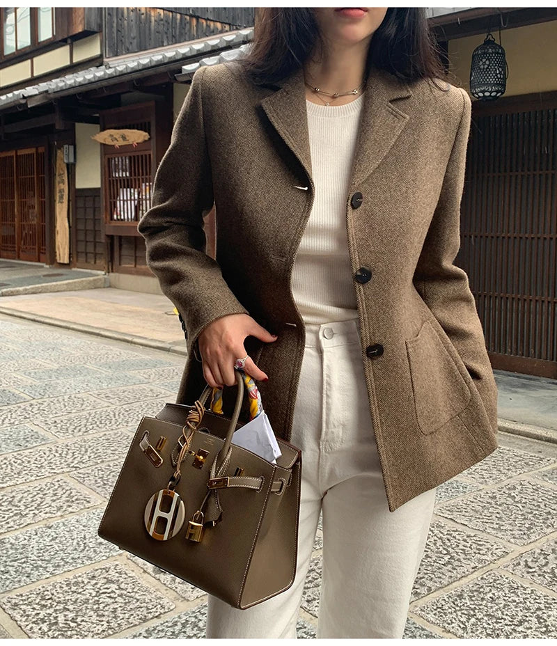 50 Wool Women Notched Collar Blazer Jacket Coat Fall Winter Thick Warm Overcoat Pocket Fashion Slim Waist Buttons Coat 2024 New
