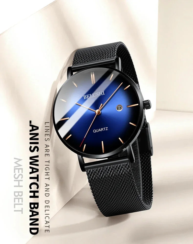 BELUSHI Fashion Mens Watches Top Brand Luxury Slim Steel Mesh Quartz Watch Men Business Waterproof Analog Wrist Watch Male Clock