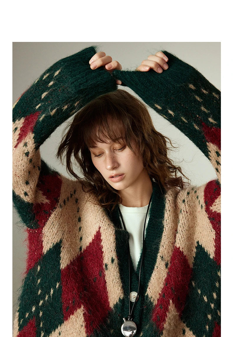 TOYOUTH Women Sweater Coats 2025 Winter New Retro Nordic Colorblock Argyle V-Neck Loose Wool-Blend Outerwear