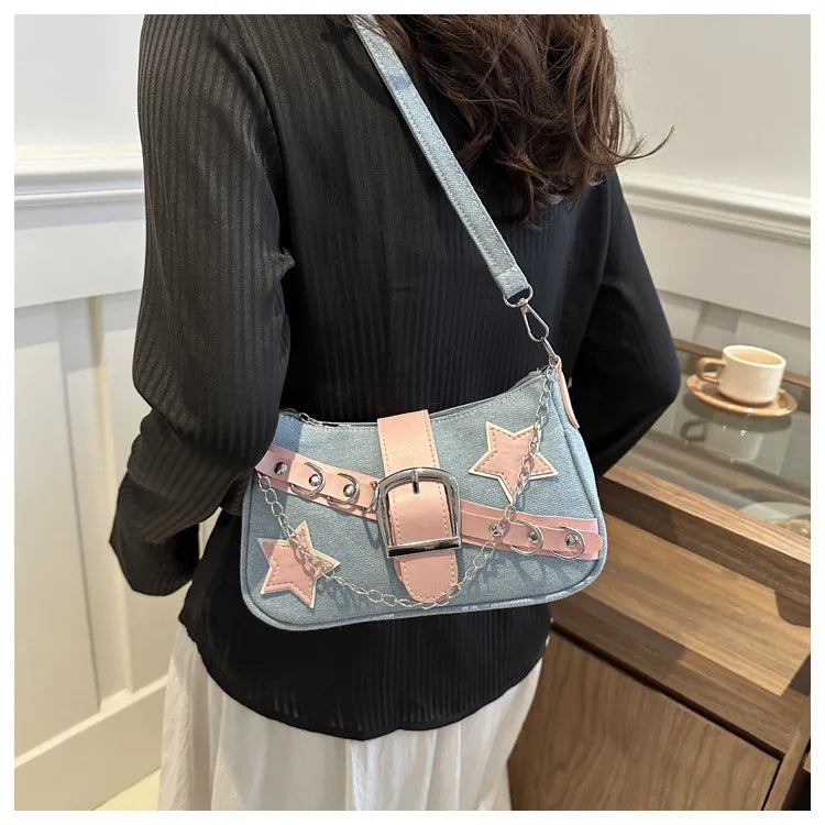 Y2k Hot Girls Denim Shoulder Bags Retro Rivet Star Women's Underarm Bag Portable Female Chain Armpit Bag Small Purse Handbags