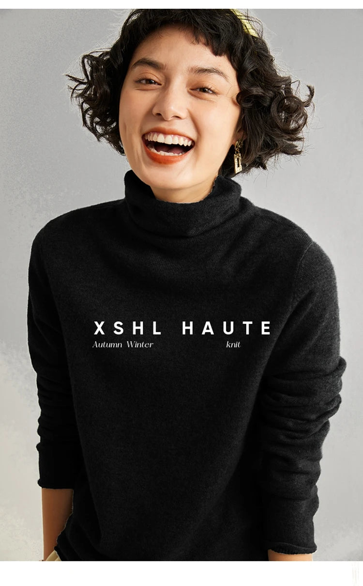 Women's 100% Cashmere Sweater Casual Solid Color Knitted Pullover Loose High Neck Jumper Autumn/Winter Warm Blouse Tops