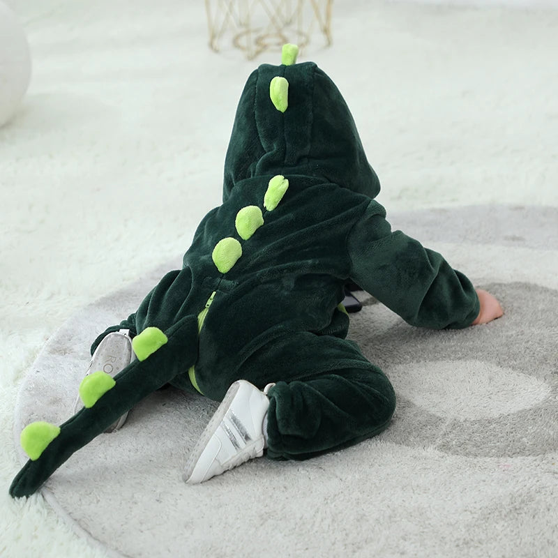 Pijamas de dinosaurio verde para bebé recién nacido, ropa para niño y niña, peleles infantiles, disfraz de Anime de Animal, mono con capucha, mono de invierno