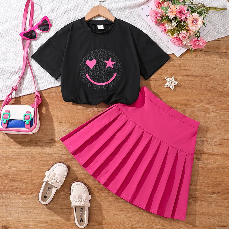 2024 New Children's Fashion Clothes Sets For Kids Girl Black Smiley T-shirt And Rose Red Pleated Skirt High Quality Korean Style