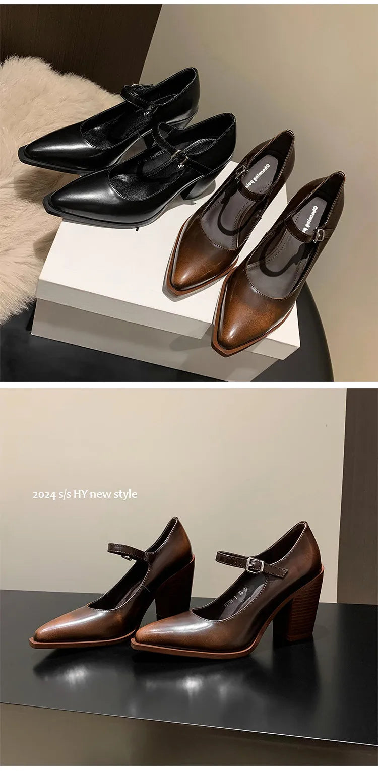 MKKHOU Fashion Pumps New High Quality Genuine Leather Pointed High Heels Mary Jane Shoes Women's Heels Leather Shoes Women Shoes