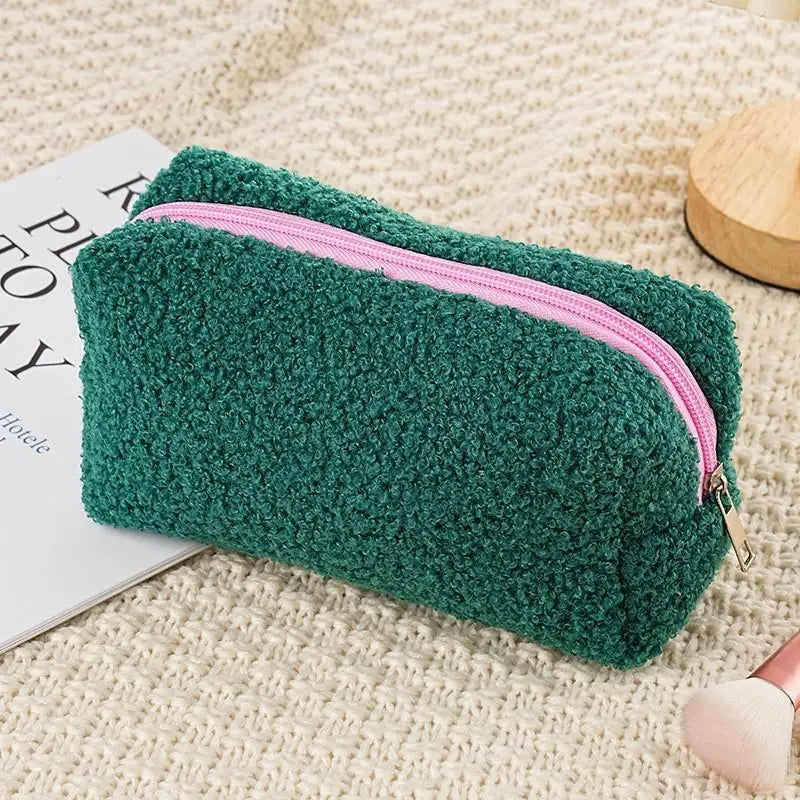 Cute Plush Makeup Bag For Women Portable Travel Small Cosmetic Bags Solid Color Zipper Toiletry Bag Washing Pouch Storage Bags