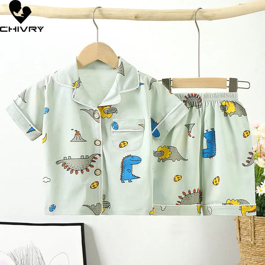 New 2023 Kids Boys Girls Pajamas Cartoon Short Sleeve Lapel Shirt Tops with Shorts Baby Spring Summer Sleeping Clothing Sets