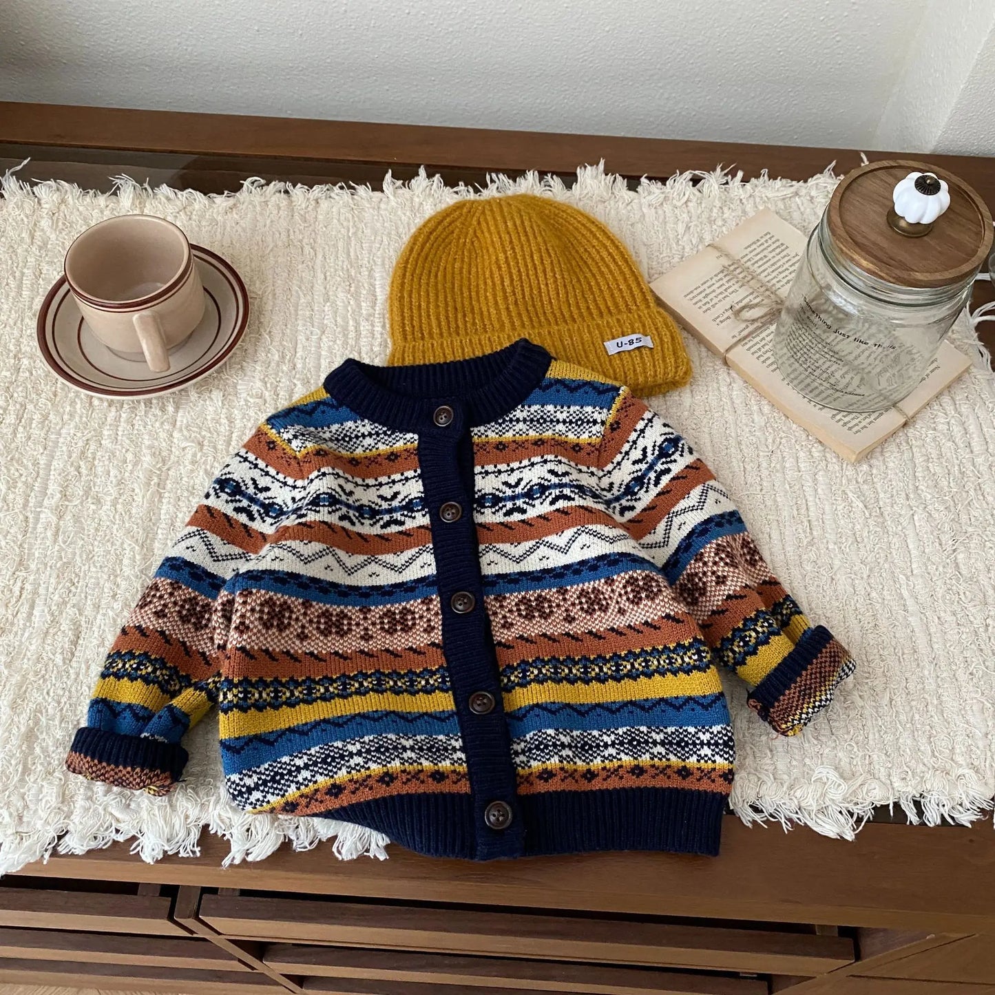 Otoño Invierno estilo inglés moda niño niña niños cárdigan tejido a rayas suéter de manga larga bebé grueso cálido Tops abrigo