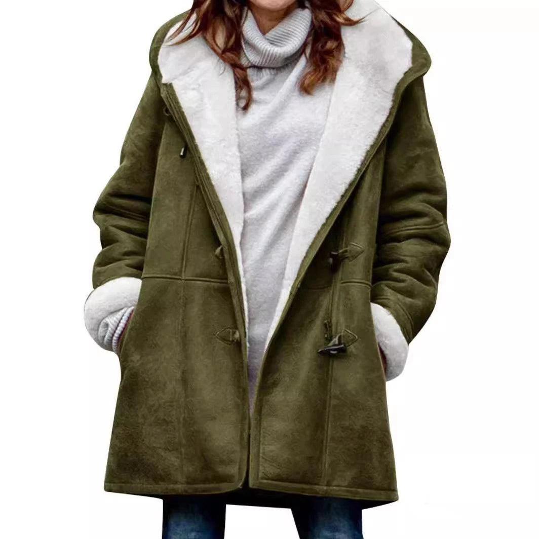 Winter Women's Sherpa Jacket Casual Trendy Warm Fleece Lined Pocket Overcoat Hooded Parka Toggle Buttons Coats Velvet Outerwear