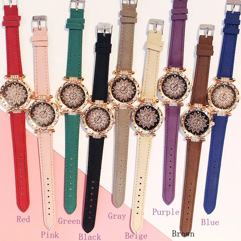 Fashion Flowers Diamond Women Watch + Bracelet Set Luxury Brand Quartz Watches Reloj Mujer Casual Leather Wristwatch Ladyes Gift