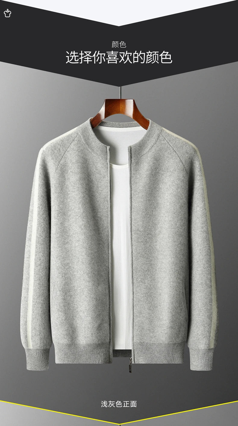 Winter Cashmere Sweater Men's Round Neck Knitted Jacket Contrast Striped Zipper Cardigan Youth Wool Thick Sweater