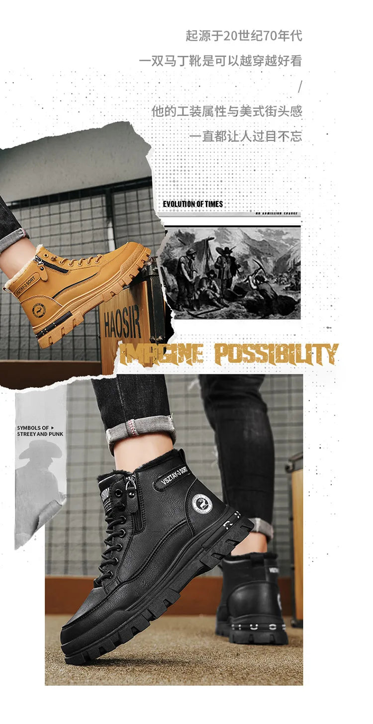 Winter Fleece-Lined Warm High-Top Men's Boots, Korean Style Versatile Men's Boots, Thickened Lightweight Cotton Shoes, Trendy Outdoor Snow Boots