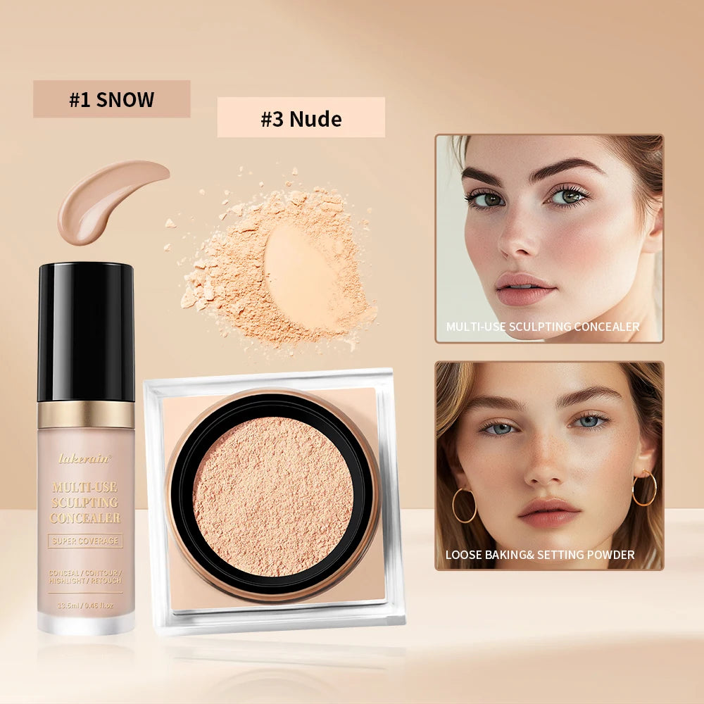 2pcs Face Makeup Set With Concealer And Loose Setting Powder Natural Face Smooth Matte Finish Women Cosmetics Korean Makeup