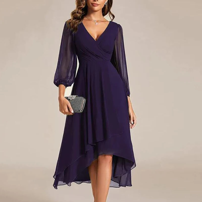 Spring Summer Elegant V Neck A-Line Long Dress Women Fashion Mesh Sleeve Loose Party Dress Women Beach Holiday Evening Dresses