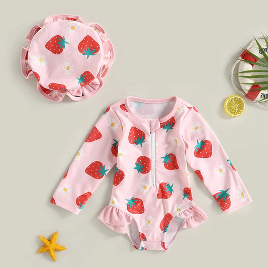 Toddler Girl Rash Guard Swimsuit Set Summer Long Sleeve Strawberry Print Bathing Suit + Sun Hat Infant Newborn 2023 New Swimwear