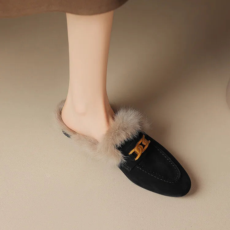 2023 Winter Sheep Suede Women Shoes Rabbit Hair Mules Shoes for Women Round Toe Low Heel Slippers Chunky Heel Cover Toe Slippers
