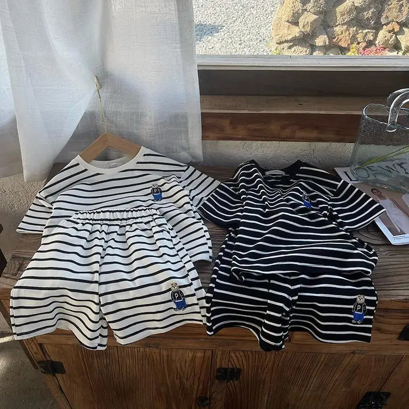 Boys' Striped T-shirt Short Sleeve Set New Children's Cotton Embroidery T-shirt Shorts Two Piece Set Girls' Baby Clothes Set
