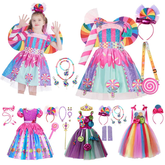 2-10Y Carnival Rainbow Candy Costume Kids Cosplay Lollipop Print Princess Dresses With Headband Christmas Birthday Party Clothes