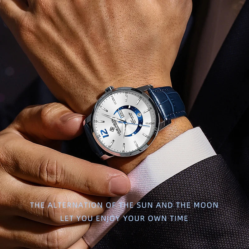 BELUSHI New Waterproof Men Watches Luxury Moon Phase Dial Luminous Male Clocks Date Week Leather Quartz Sport Watch For Man