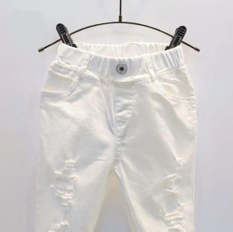 Otoño, pantalones vaqueros blancos para bebés y niños, pantalones rasgados para niños, pantalones rotos para niños