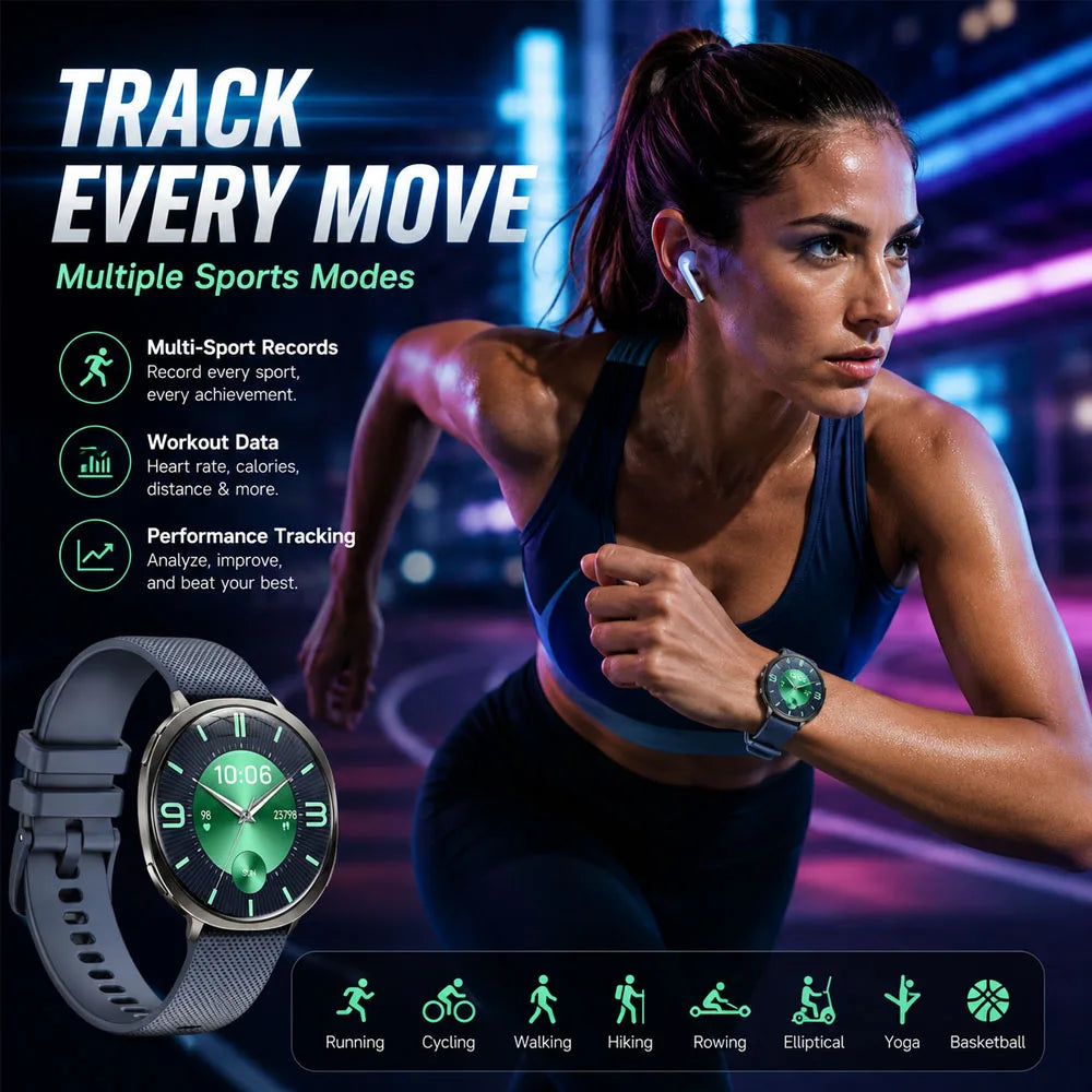 2026 Premium AMOLED Smart Watch Bluetooth Calling Health Monitor IP68 Waterproof 100+ Sports Modes AI Voice Assistant Men Women