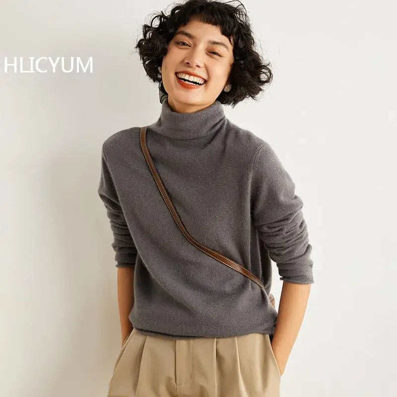 Women's 100% Cashmere Sweater Casual Solid Color Knitted Pullover Loose High Neck Jumper Autumn/Winter Warm Blouse Tops