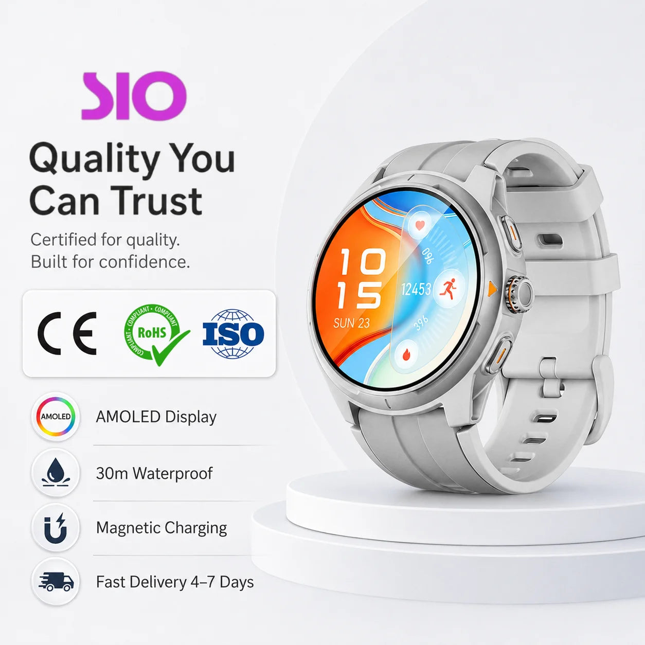 SIO GTR6 Smart Watch with AMOLED Screen, Bluetooth Call, Heart Rate & SpO2 Monitor, Magnetic Charging, iOS/Android Compatible