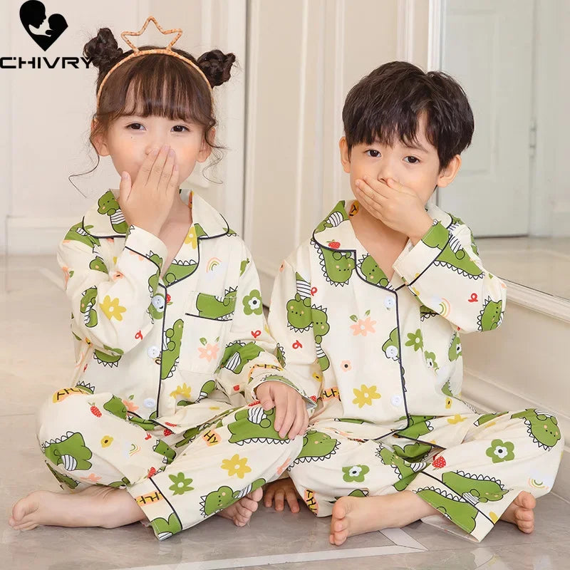 New Kids Boys Girls Pajamas Casual Cartoon Long Sleeve Lapel Shirt Tops with Pants Baby Summer Loose Sleeping Homewear