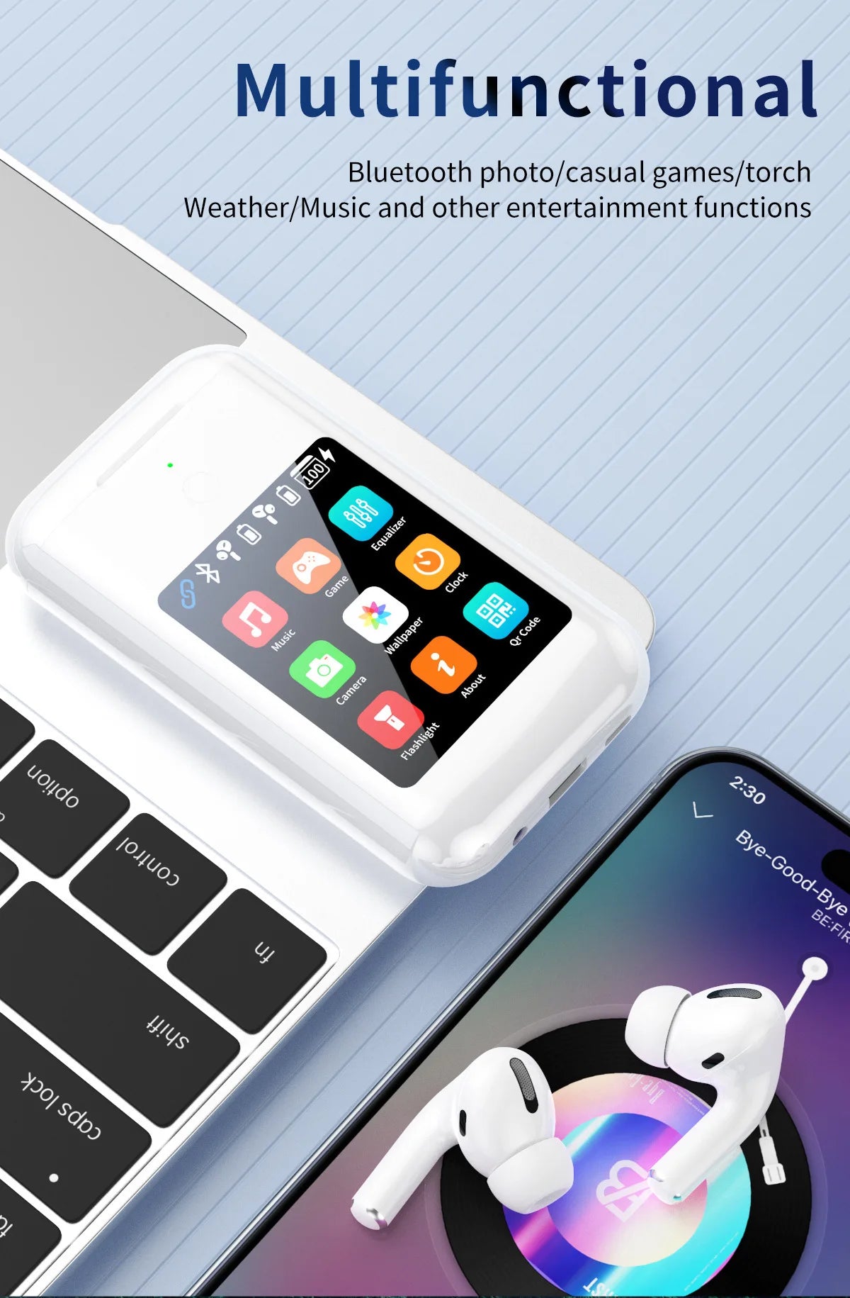 Wireless Bluetooth 5.2 Earphones 2.8-inch Multimedia Smart Touch Screen ANC Earbuds Flashlight 5000mah Power Bank Hiking Headset