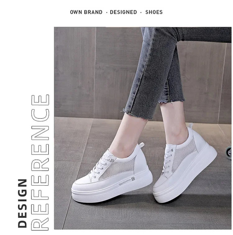 7cm Women Shoes Genuine Leather White Air Mesh Sneakers Chunky Shoes Platform Wedge Spring Autumn Breathable Summer Shoes 40
