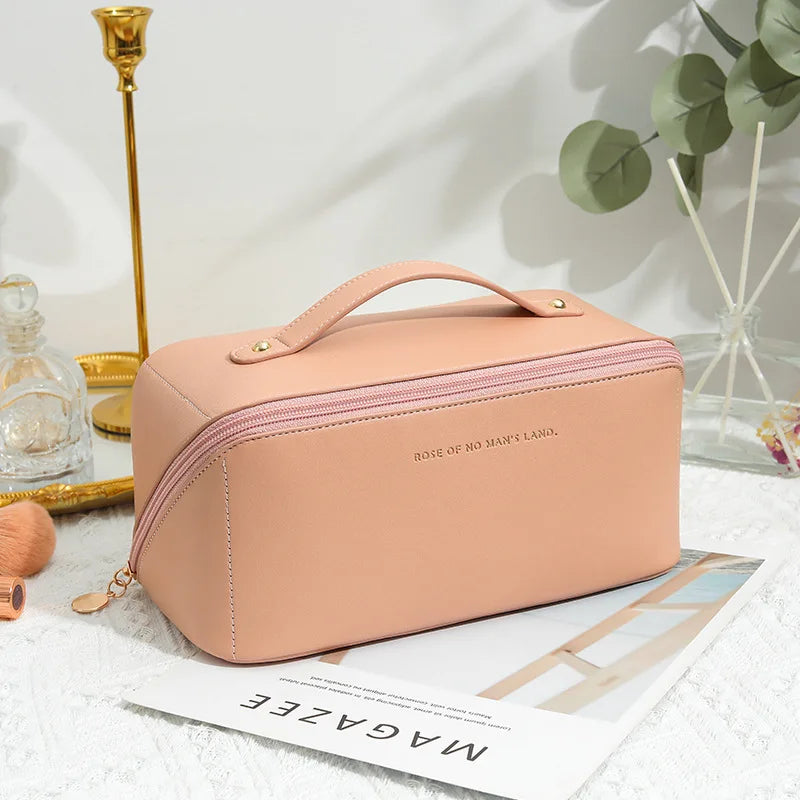 Travel Makeup Bag, Large Capacity Cosmetic Organizer Bags for Women, Waterproof PU Leather Toiletry Bags Wide Open Flat Makeup