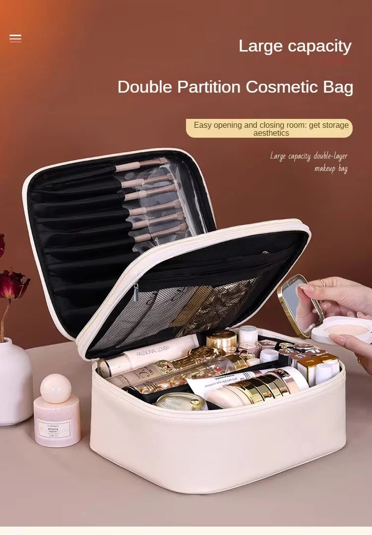 Multi-functional Cosmetic Bag Large-capacity Makeup Bag PU Double-layer Portable Travel Toiletry Pouch Women Makeup Storage Bag