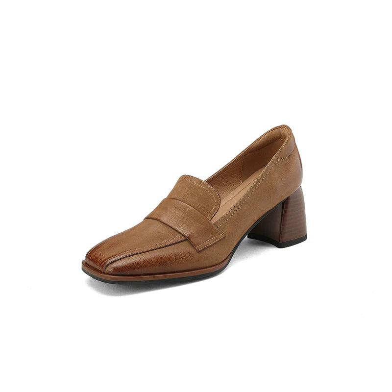 2024 Spring New GENUINE LEATHER Women Shoes LEISURE Women Slip-On Shallow Pumps Square Toe Heels Shoes Women Zapatos De Mujer