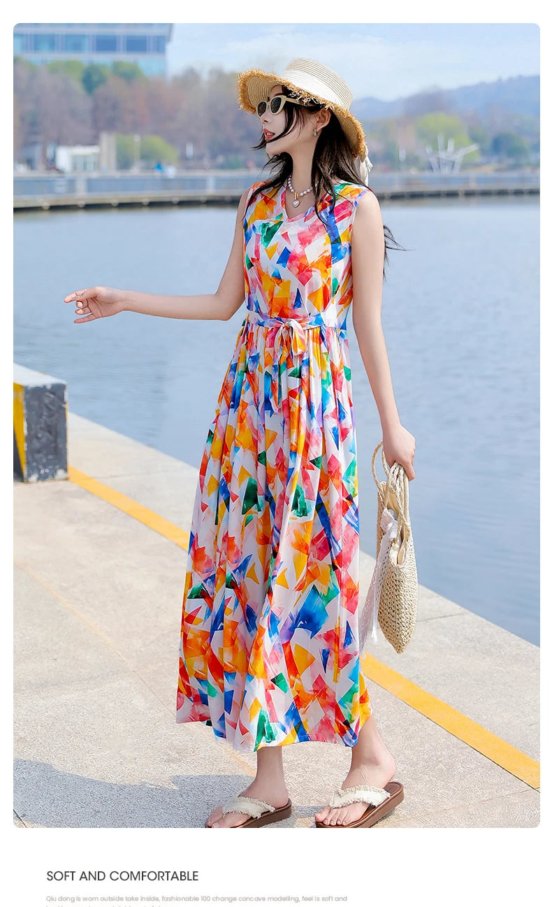 Spring Summer Dresses Fashion Female Sleeveless printed Casual Dress Women A-line Dresses Vestidos