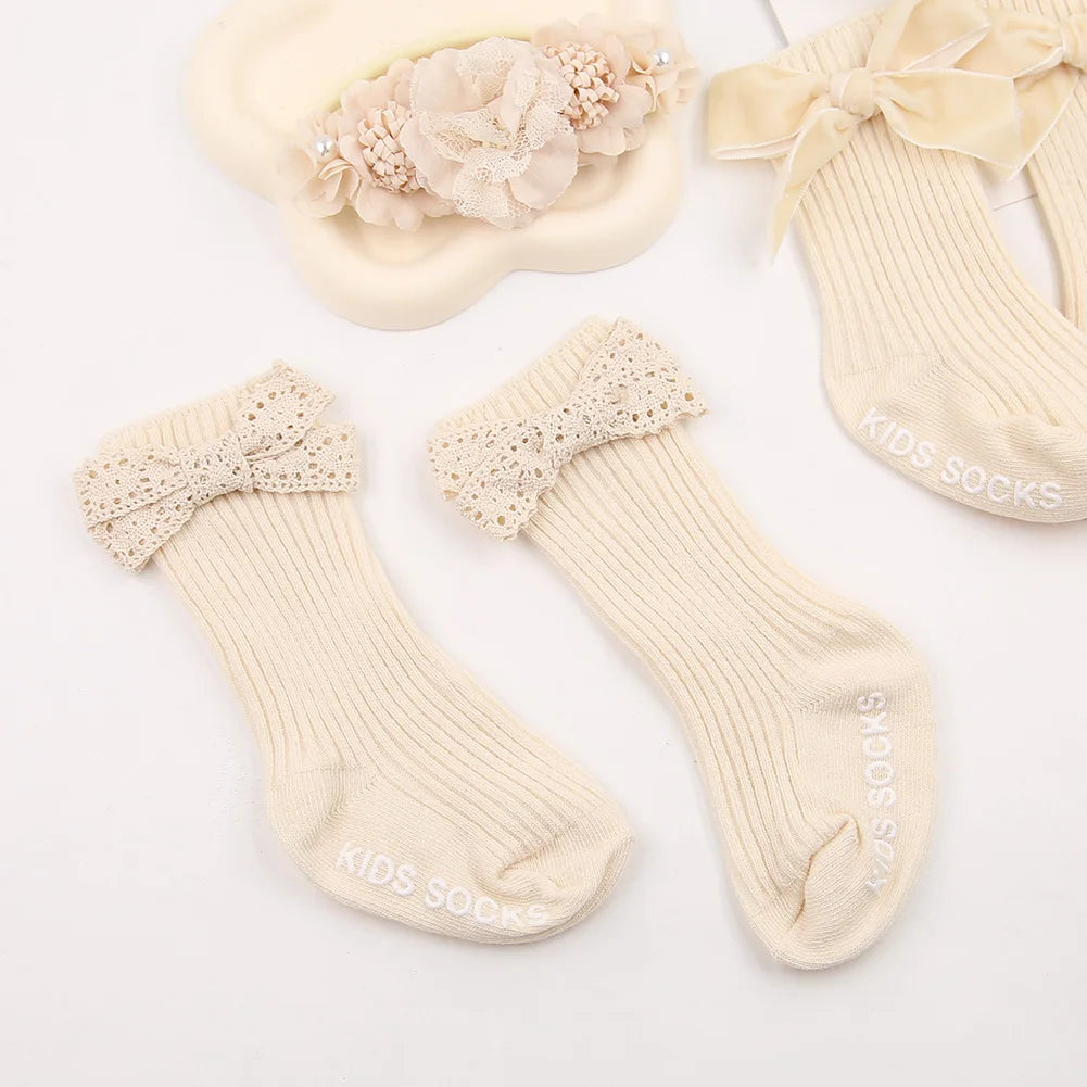3Pcs/Set Ins Cream Color Latte Artificial Flower Headbands & Ribbed Short Socks Anti-Slip Cotton 0-12M Sockfor Infant Baby