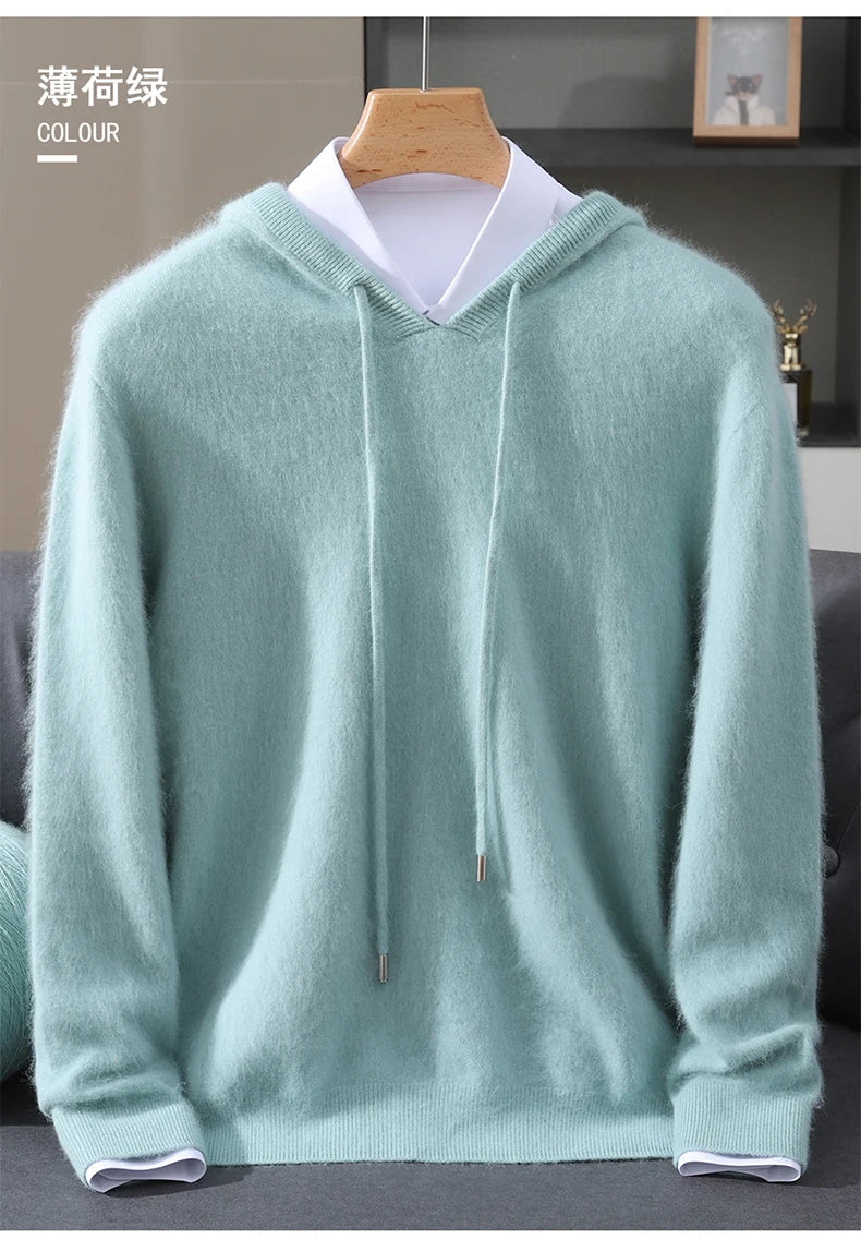 Men's Clothing: 100% Pure Mink Cashmere Knitted Sweater Casual And Loose Large-Sized Hooded Pullover Autumn Winter New Products