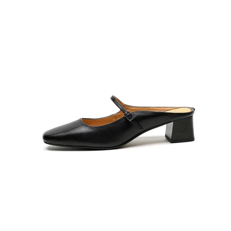 2026 New Summer Women Mules Genuine Leather Women Shoes Squared Toe med Heel Cover Toe Slingback Shallow Modern Slippers