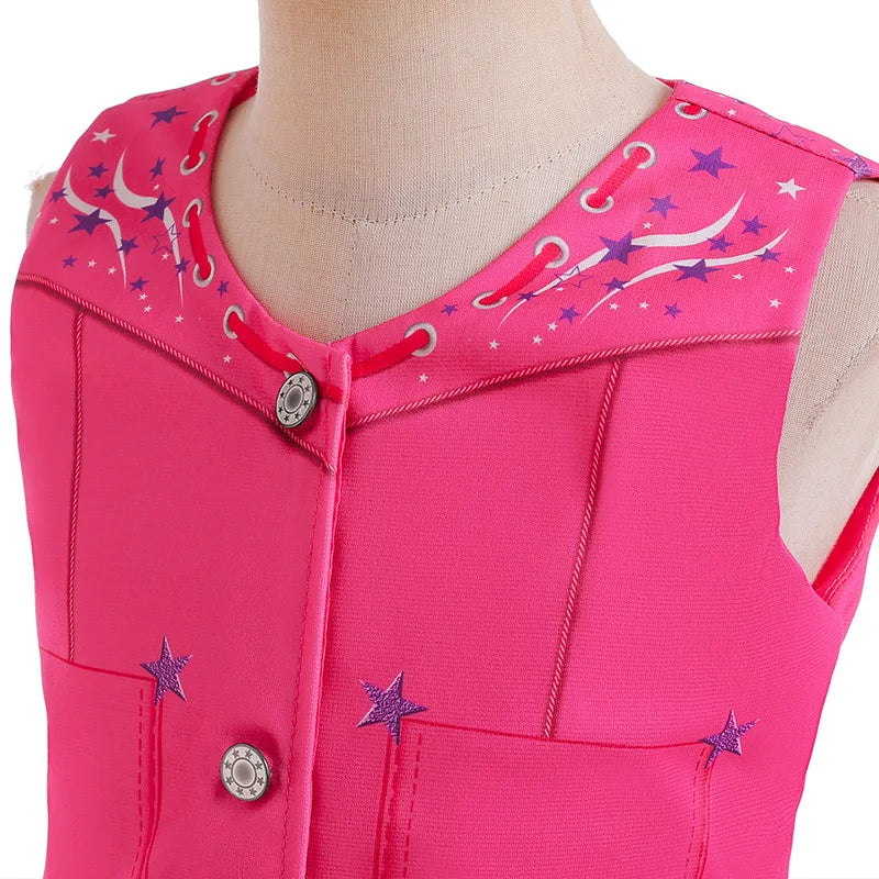 Toddler Girls Cowboy Pink Vest Pants Scarf 3 Pcs Clothing Set Margot Movie Role Play Costume Barbi Cowgirl Youth Outfit Cosplay