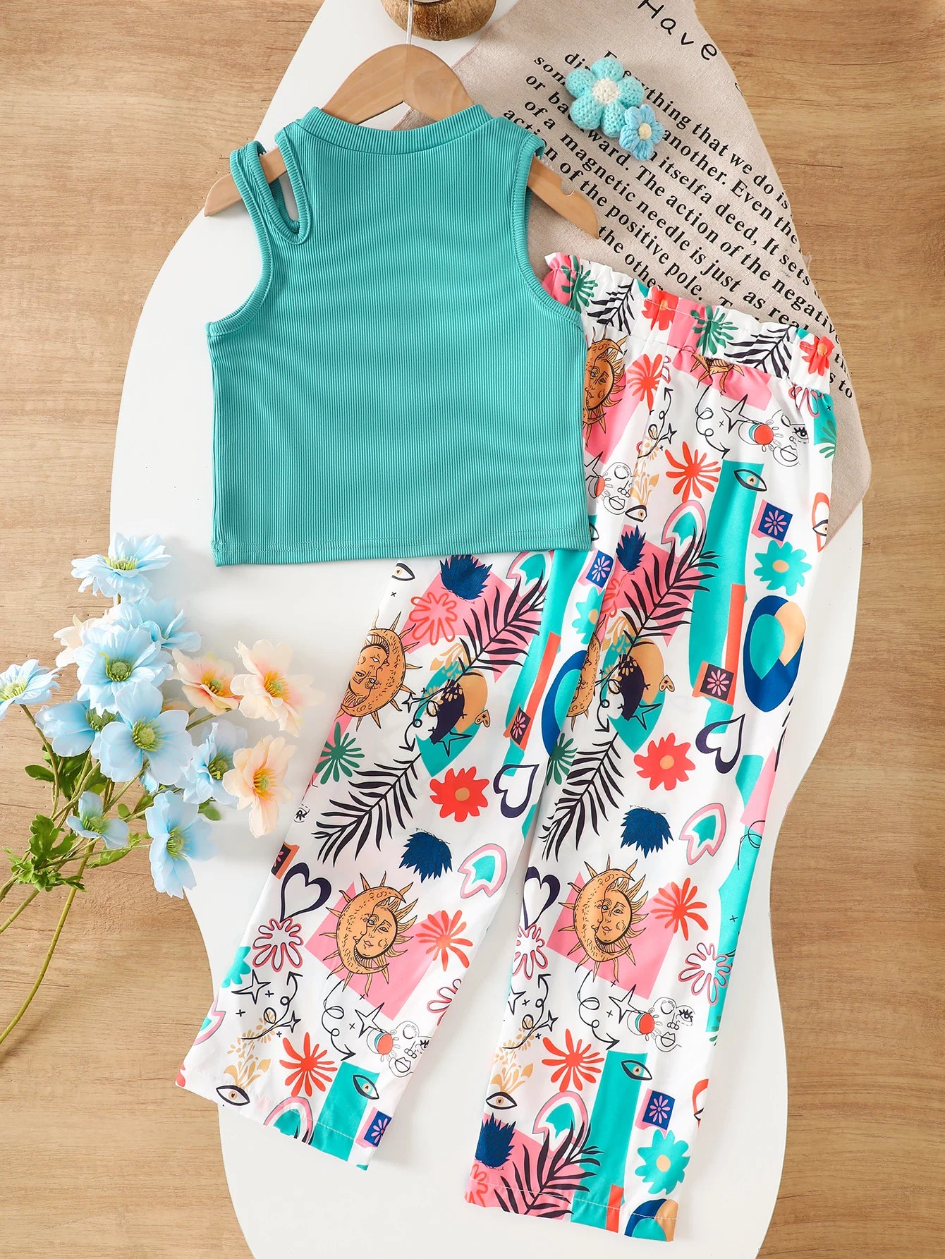 Summer Teenage Girls Clothing Set Off-Shoulder Ribbed Tank Tops and Printed Pants Two-Piece Sets for Kids Girl 6-14 Y