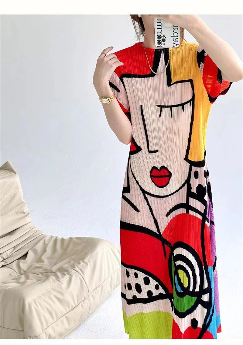 Long Dresses Womens Dresses Spring and Summer new Cartoon Printing Short Sleeve Temperament Fashion Loose Long Dress Female