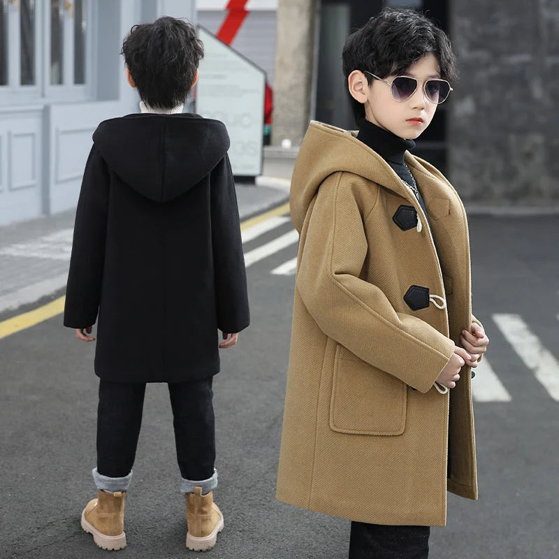 New Boys Wool Coat Autumn Spring Fashion Hooded Jackets Solid Single-Breasted Outerwear Children Mid-Length Parka 5-14Y