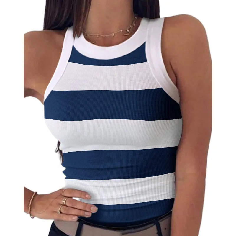Women's Clothing Tops Tanks Camis Digital Printed Round Neck I-Shaped Vest Sexy Summer Striped Sleeveless Vest for Women Vests