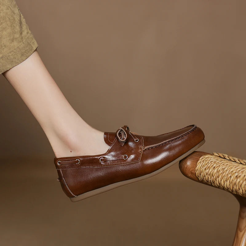 2026 New Spring Genuine Leather Women Shoes Round Toe Women Flats Shoes for Women Retro Lace Up Loafers Fashion Ladies Shoes